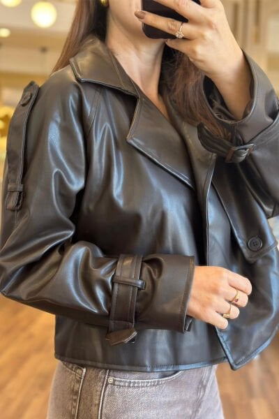 Acı Kahve İçi Astarlı Kısa Deri Ceket