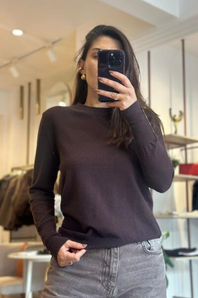 Kahverengi Bisiklet Yaka Kolları Gold Düğmeli Kaşmir Dokulu Triko