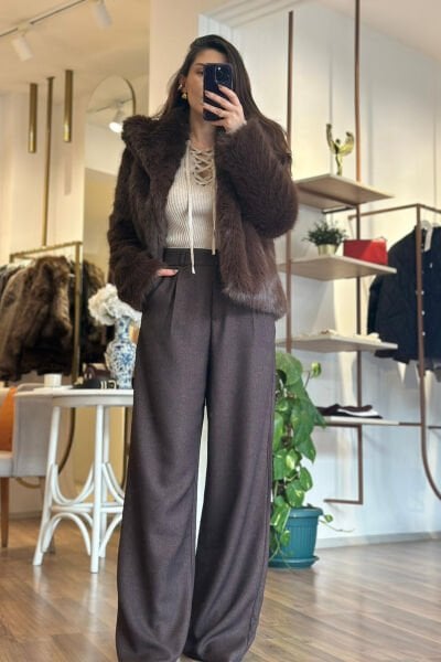 Kahverengi Kırçıllı Yün Dokulu Yüksek Bel Kumaş Palazzo Pantolon