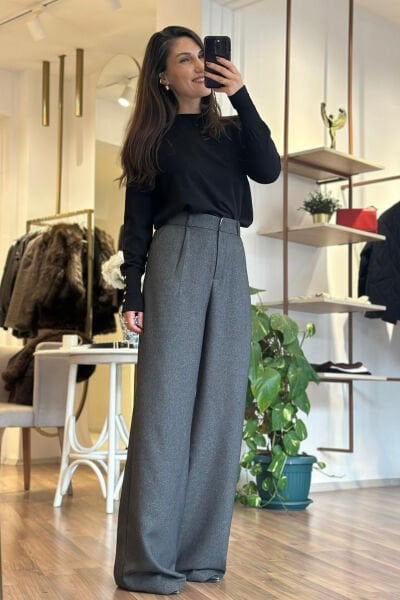 Füme Kırçıllı Yün Dokulu Yüksek Bel Kumaş Palazzo Pantolon