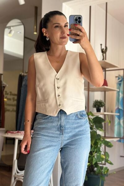 Krem Rengi Kemik Düğmeli Keten Yelek