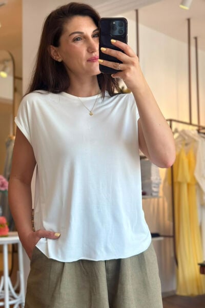 Modal Kumaş Lazer Kesim Ekru T-shirt