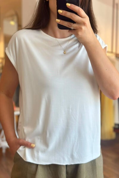 Modal Kumaş Lazer Kesim Ekru T-shirt