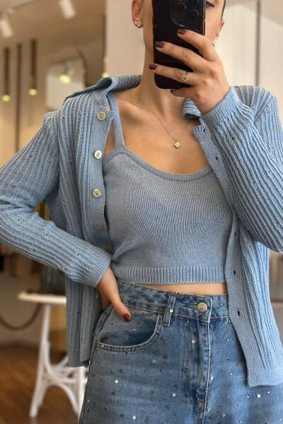 Mavi Standart Beden İkili Triko