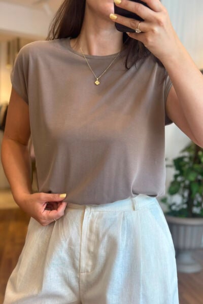 Modal Kumaş Lazer Kesim Vizon Renk T-shirt