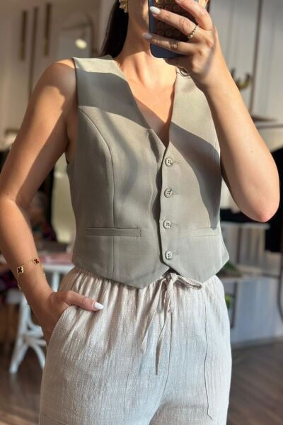 Haki Rengi Kemik Düğmeli Keten Yelek