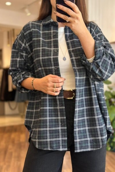 Yeşil Yün Dokulu Ekose Gömlek