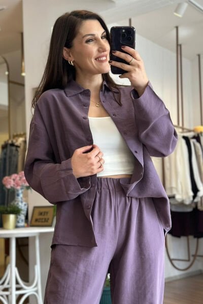 Lila Tensel Kumaş Gömlek-Pantolon Takım