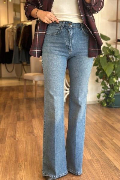 Mavi İspanyol Paça Likralı Yüksek Bel Jean