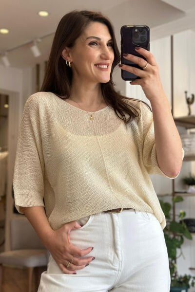 Krem Rengi Standart Beden Ajurlu Merserize Bluz