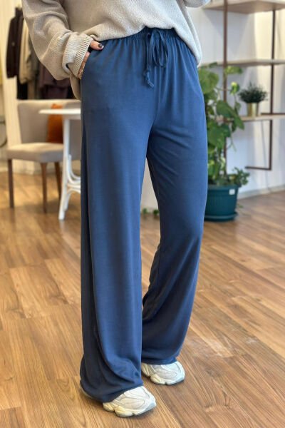 Lacivert Modal Kumaş Beli Bağcıklı Bol Paça Eşofman Altı
