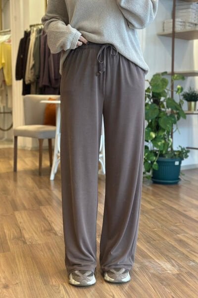 Kahverengi Modal Kumaş Beli Bağcıklı Bol Paça Eşofman Altı