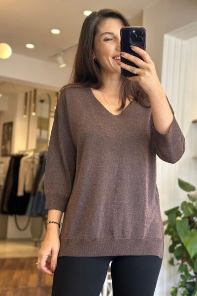 Kahverengi Simli Triko Bluz