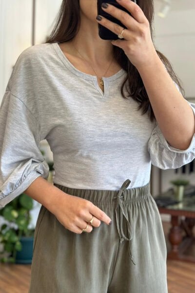 Gri Balon Kol Pamuklu Basic T-shirt