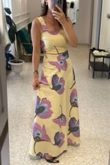 Sarı Çiçek Desenli Keten Bluz-Etek Takım