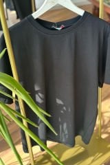 Siyah Bisiklet Yaka Pamuklu Oversize Tshirt