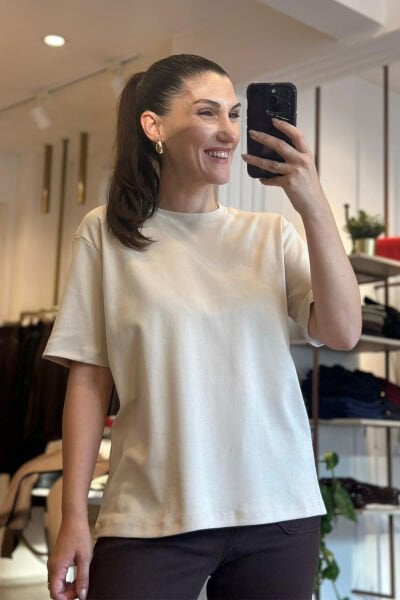 Cs Krem Renk Bisiklet Yaka Oversize T-shirt